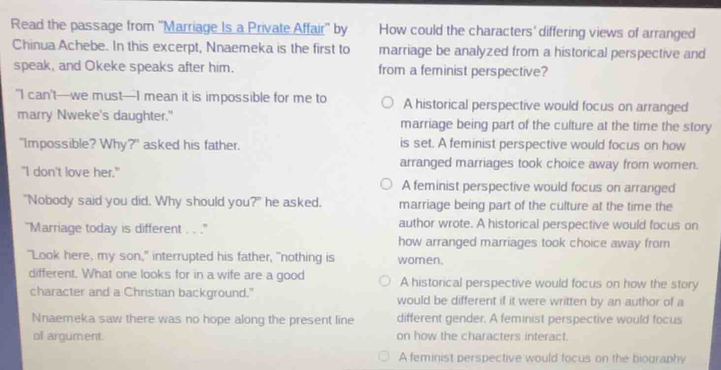 read the passage from \marriage is a private affair\ by chinua achebe. …