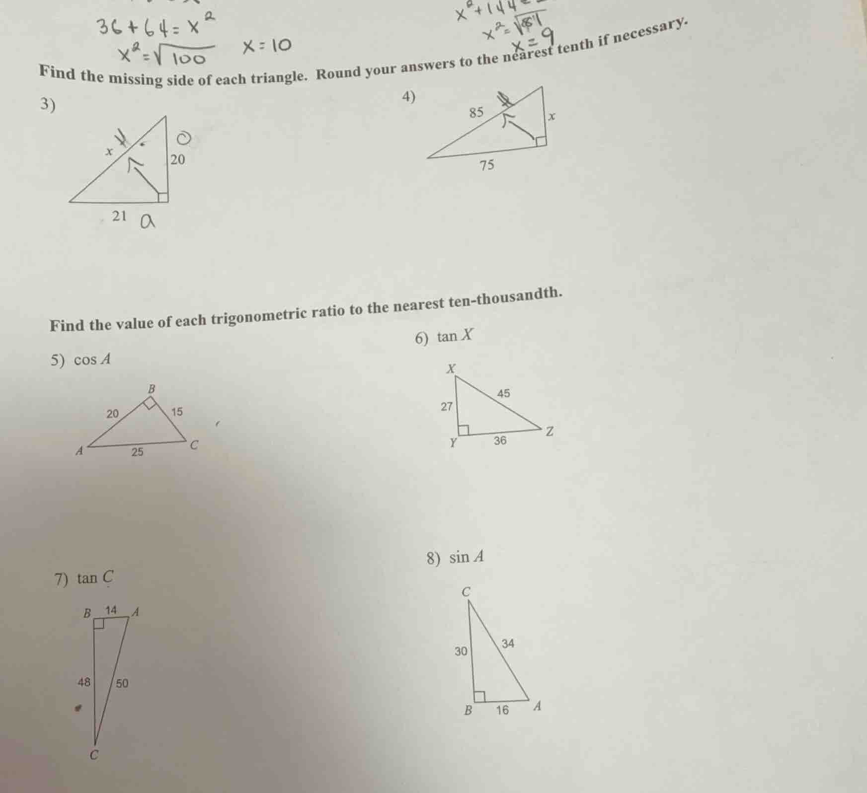 find the missing side of each triangle. round your answers to the neare…