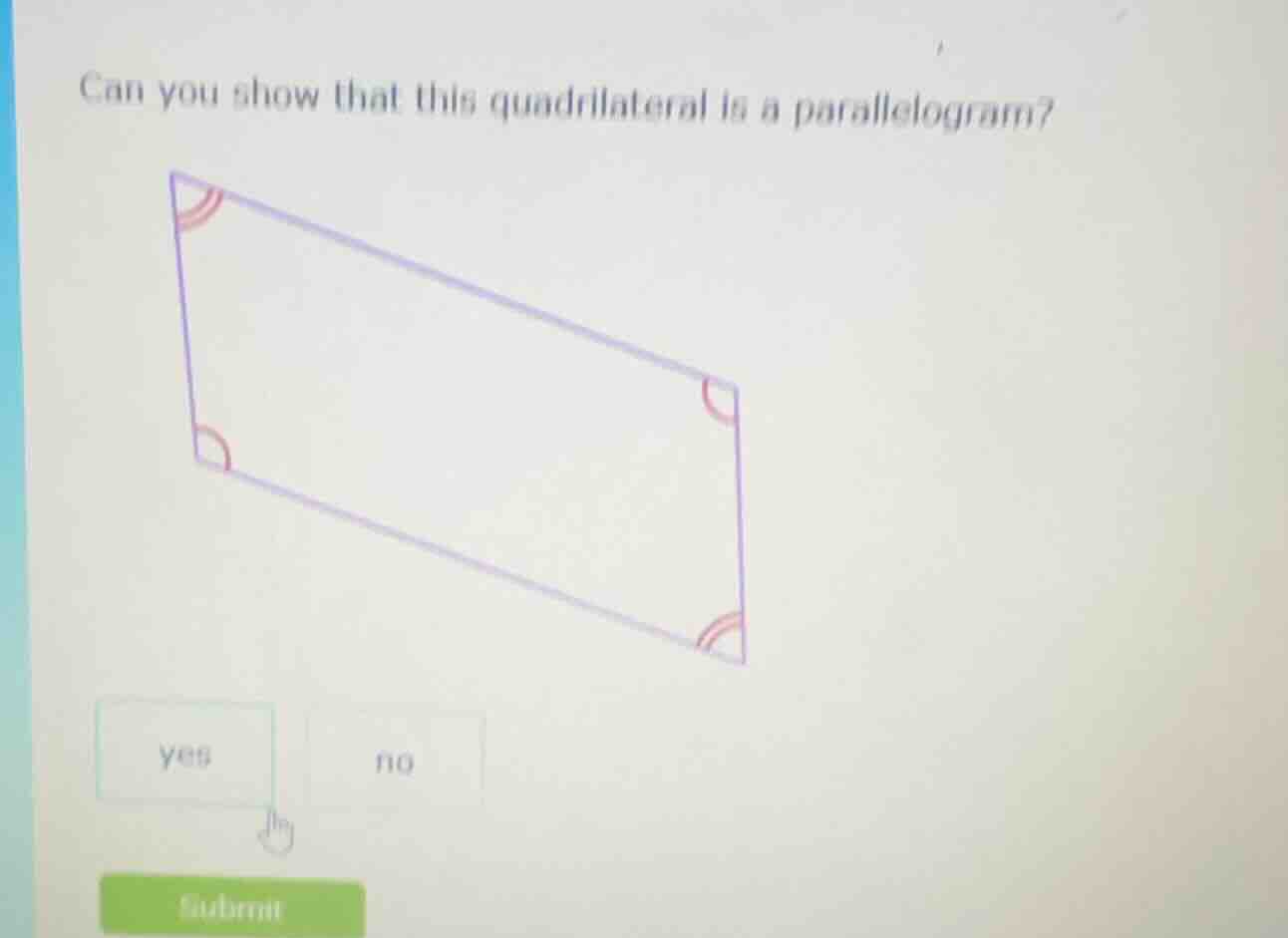 can you show that this quadrilateral is a parallelogram? image of a qua…