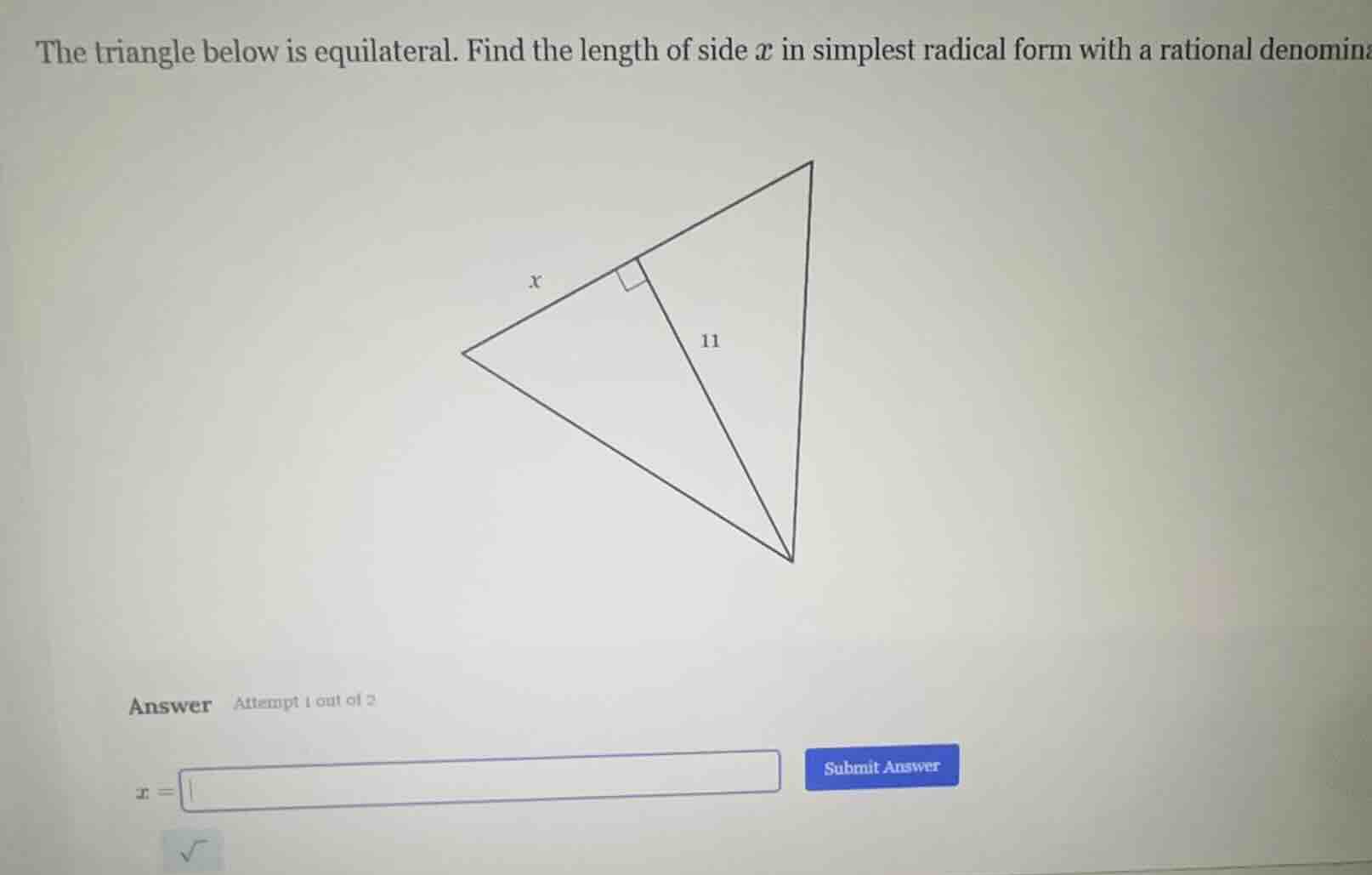 the triangle below is equilateral. find the length of side x in simples…