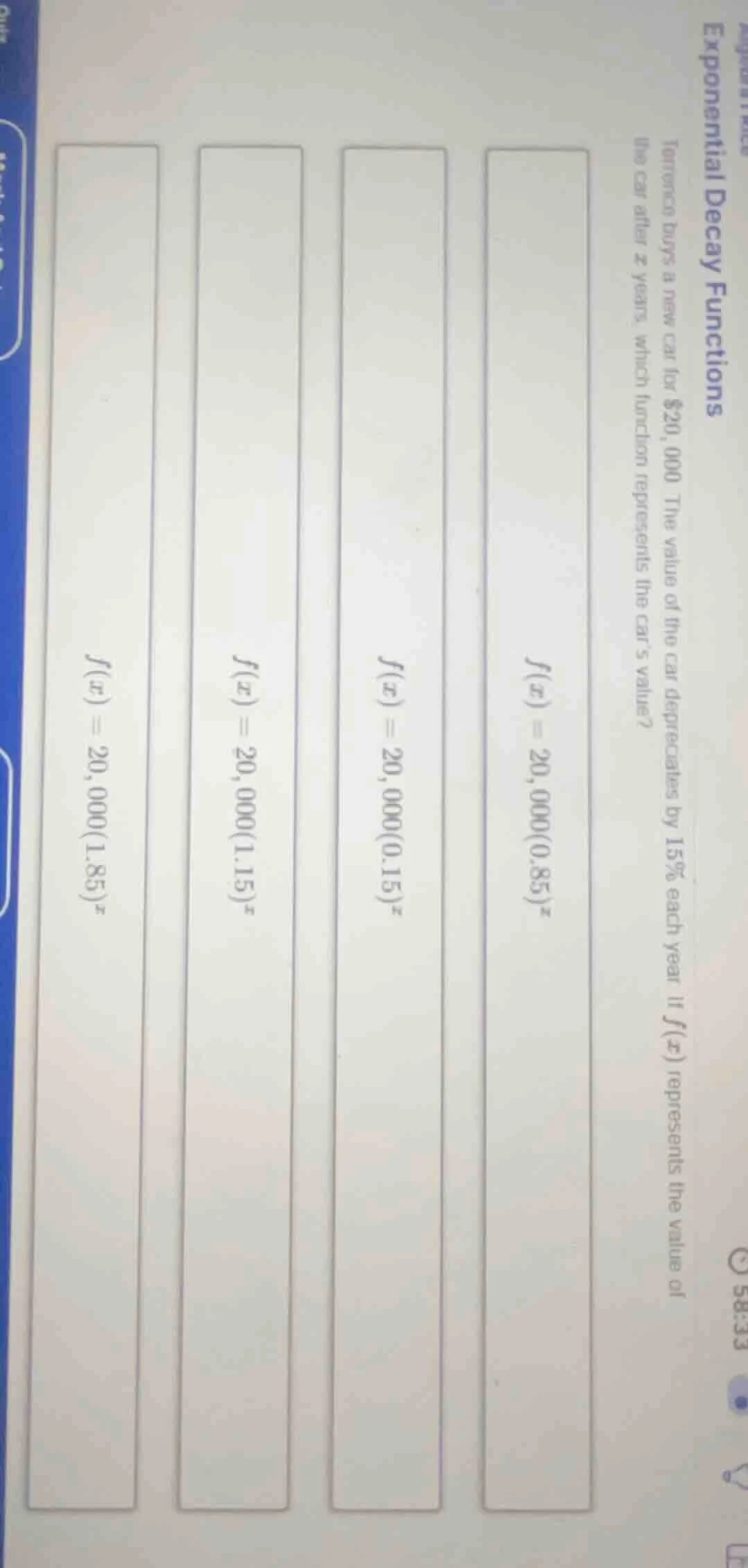 exponential decay functions tennpo buys a new car for $20,000. the valu…