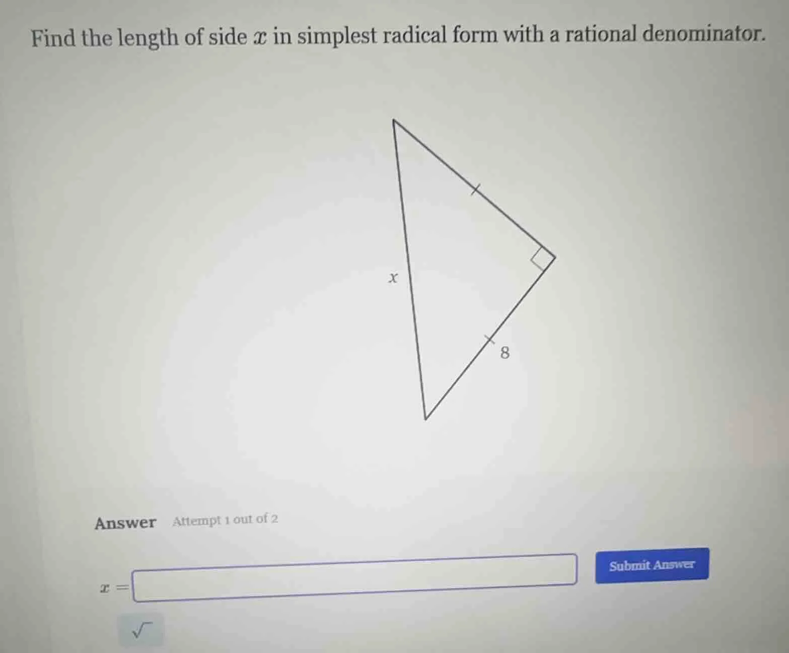 find the length of side x in simplest radical form with a rational deno…
