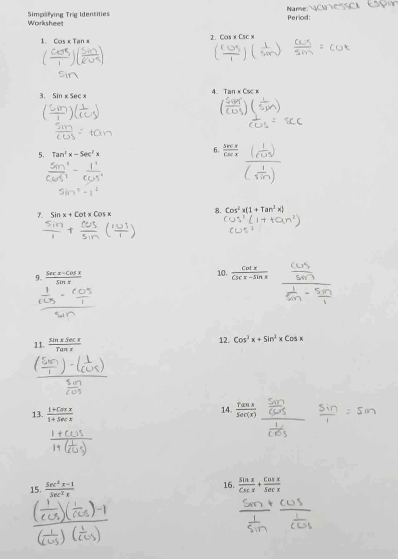 simplifying trig identities worksheet 1. cos x tan x 2. cos x csc x 3. …