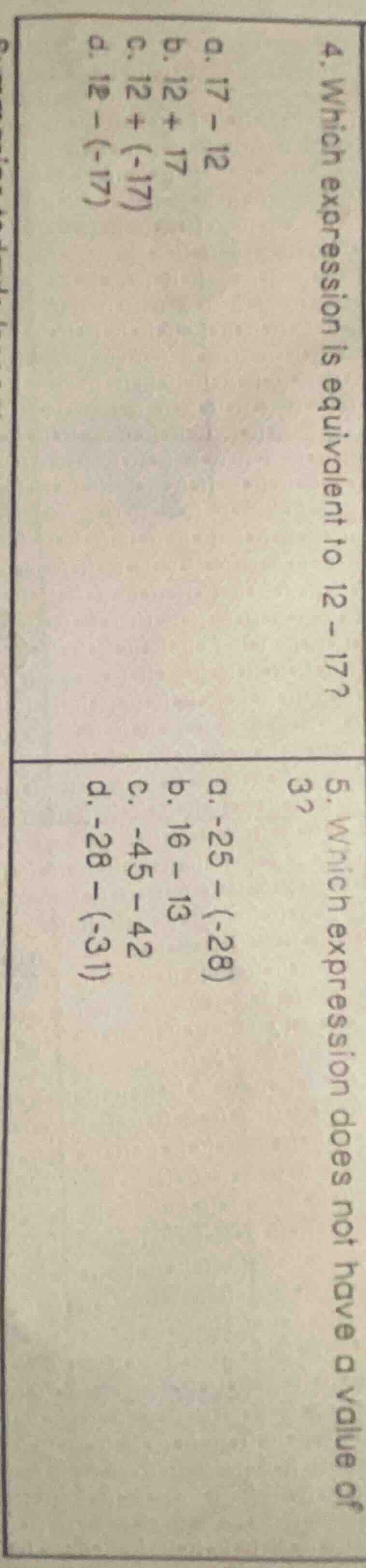 4. which expression is equivalent to 12 - 17? a. 17 - 12 b. 12 + 17 c. …