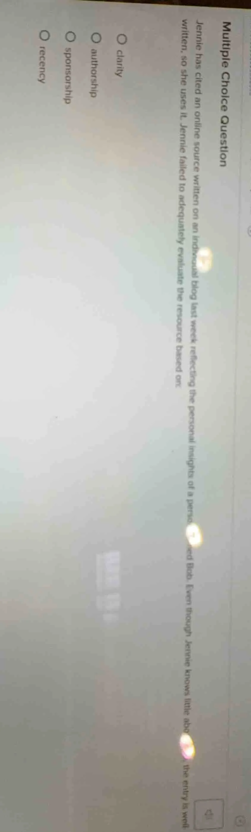 multiple choice question jennie has cited an online source written on a…