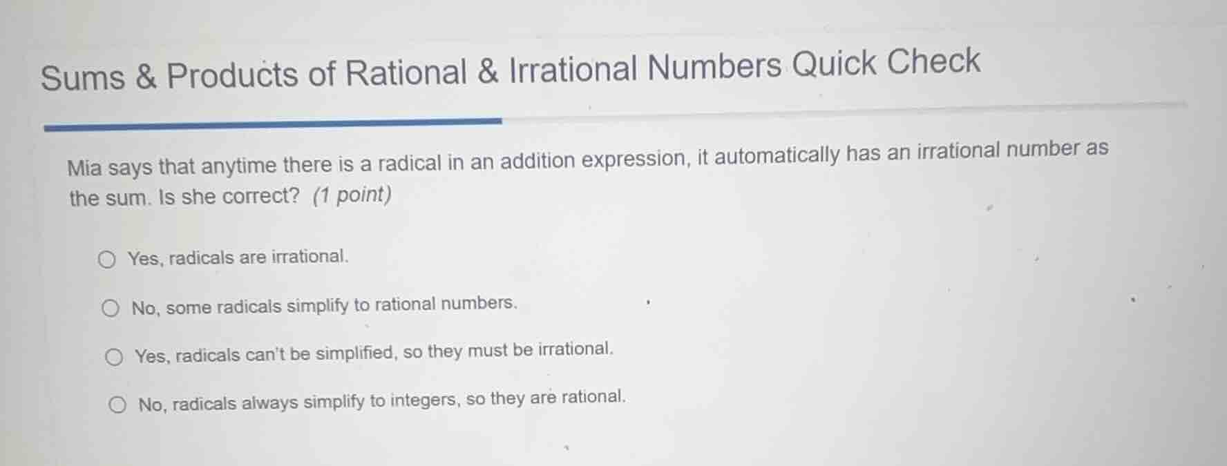 sums & products of rational & irrational numbers quick check mia says t…