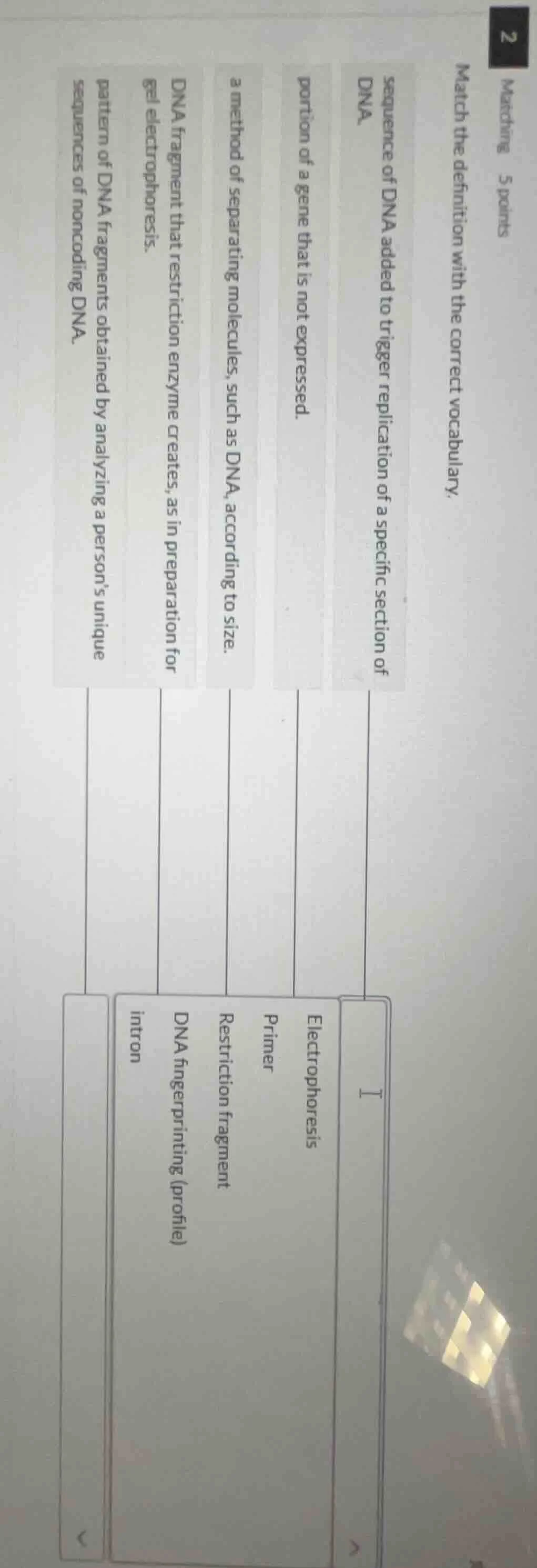 matching 5 points match the definition with the correct vocabulary. seq…