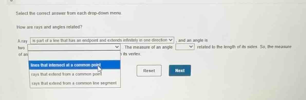 select the correct answer from each drop - down menu. how are rays and …
