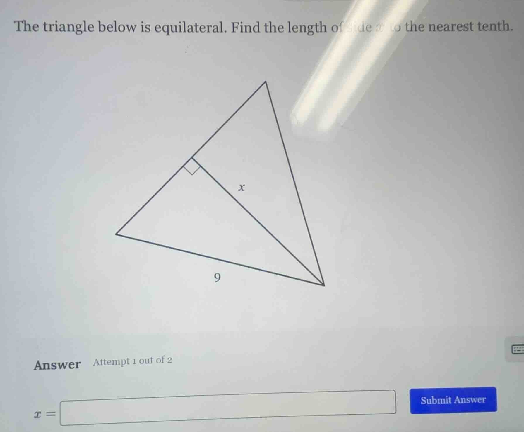 the triangle below is equilateral. find the length of side x to the nea…