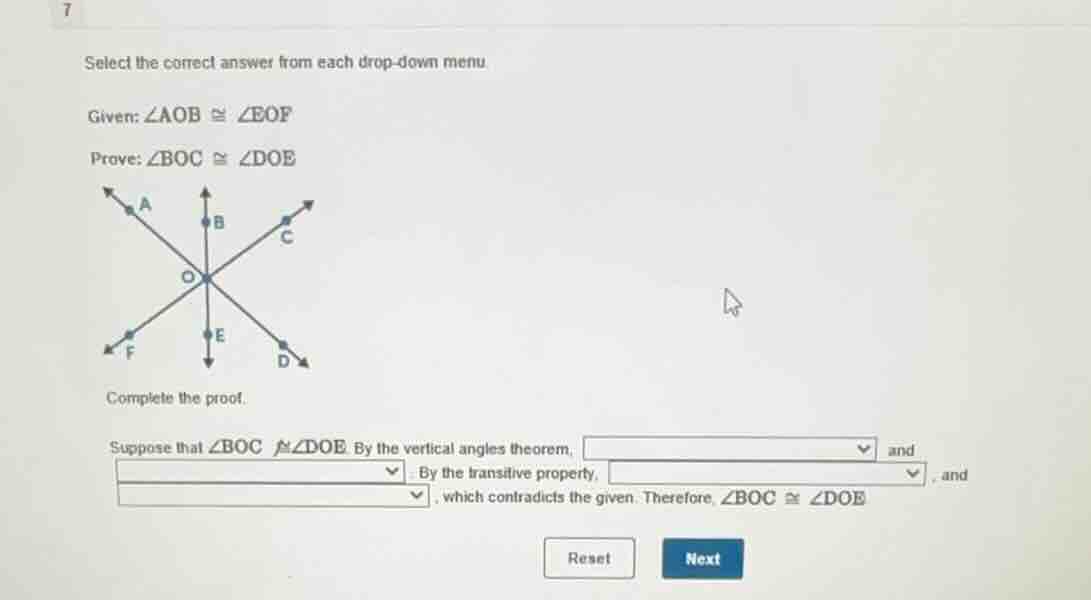 select the correct answer from each drop - down menu given: $\\angle ao…