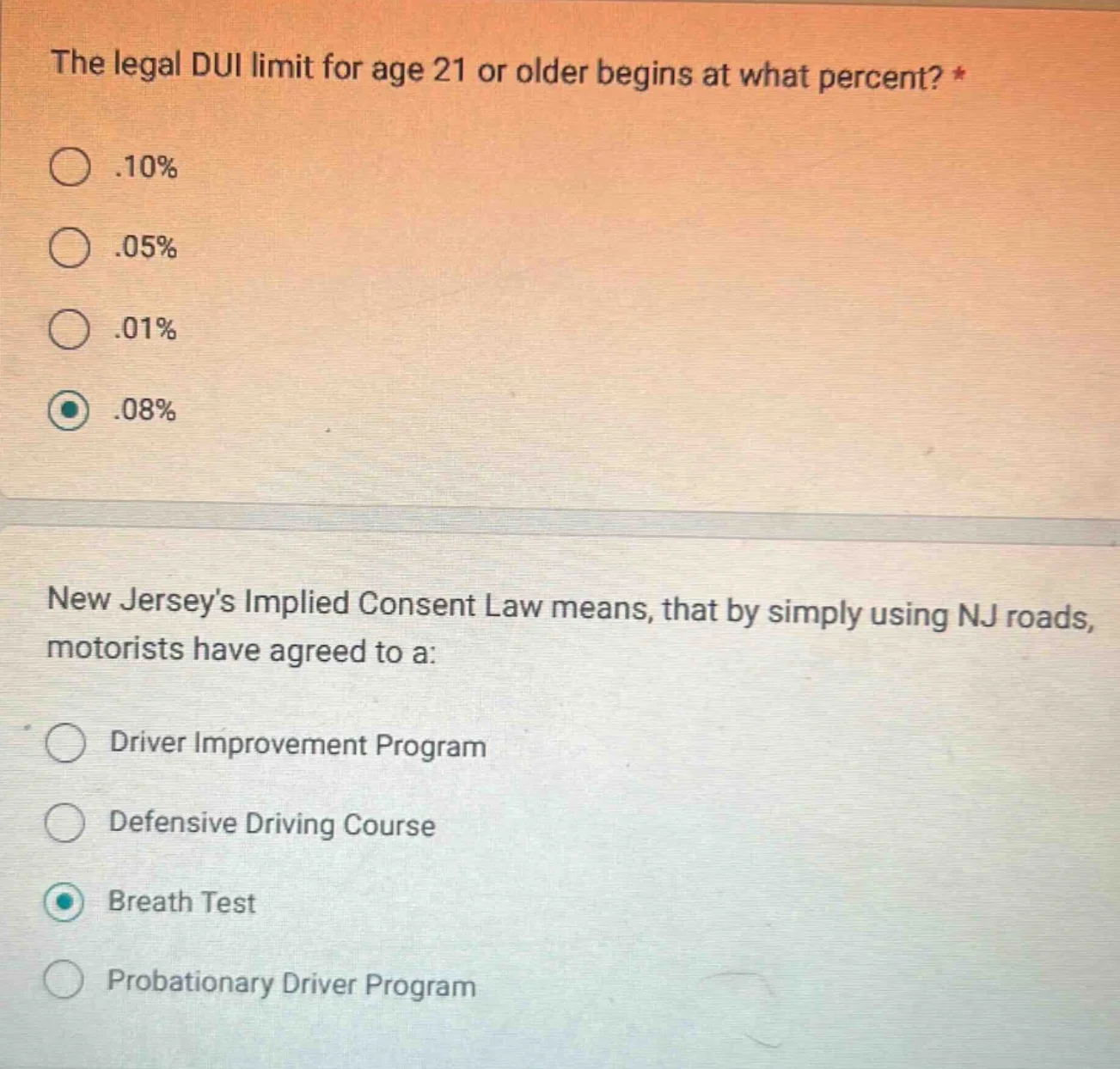 the legal dui limit for age 21 or older begins at what percent? * .10% …