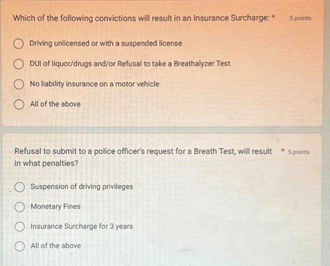 which of the following convictions will result in an insurance surcharg…