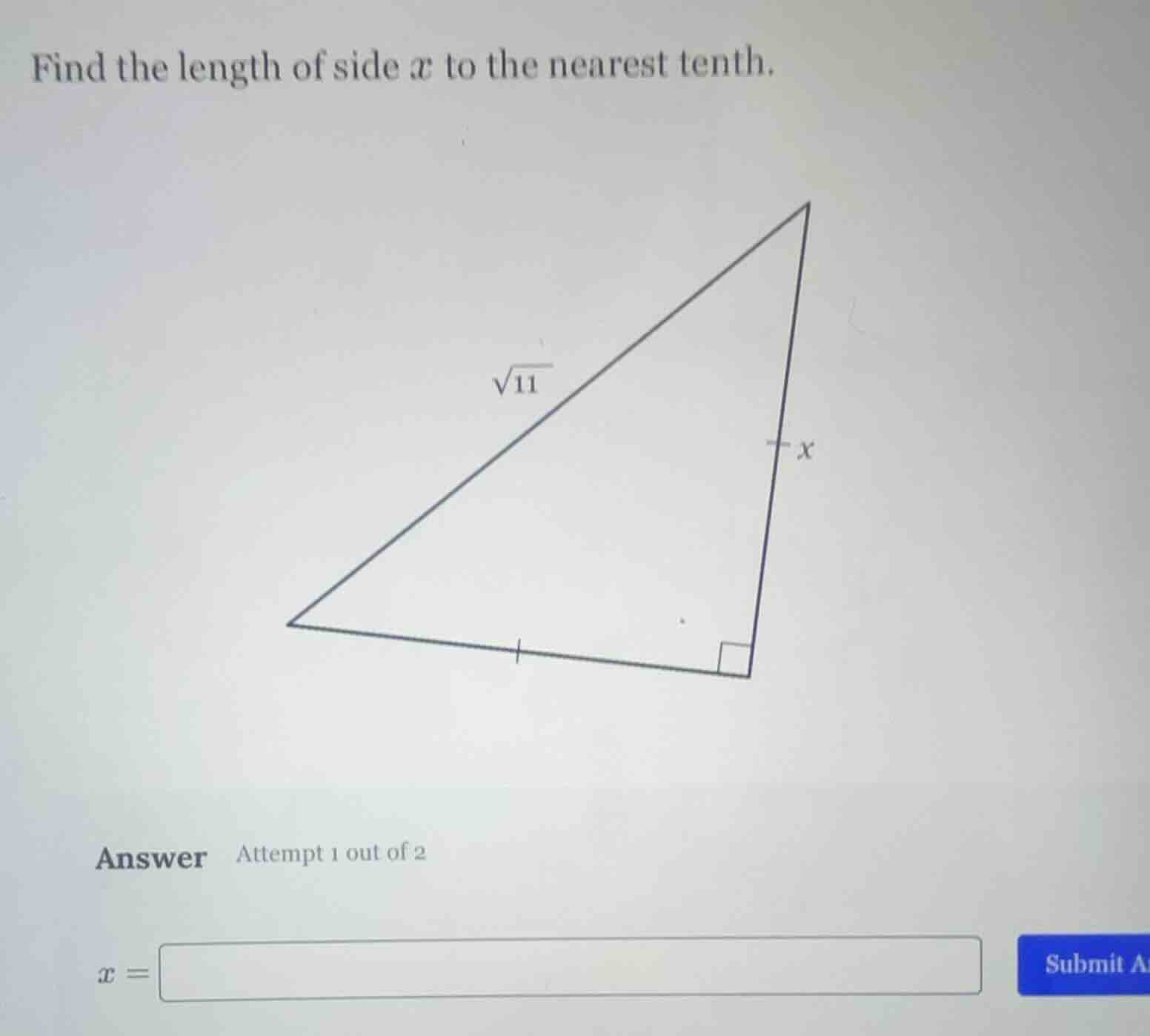 find the length of side x to the nearest tenth. (image of a right isosc…