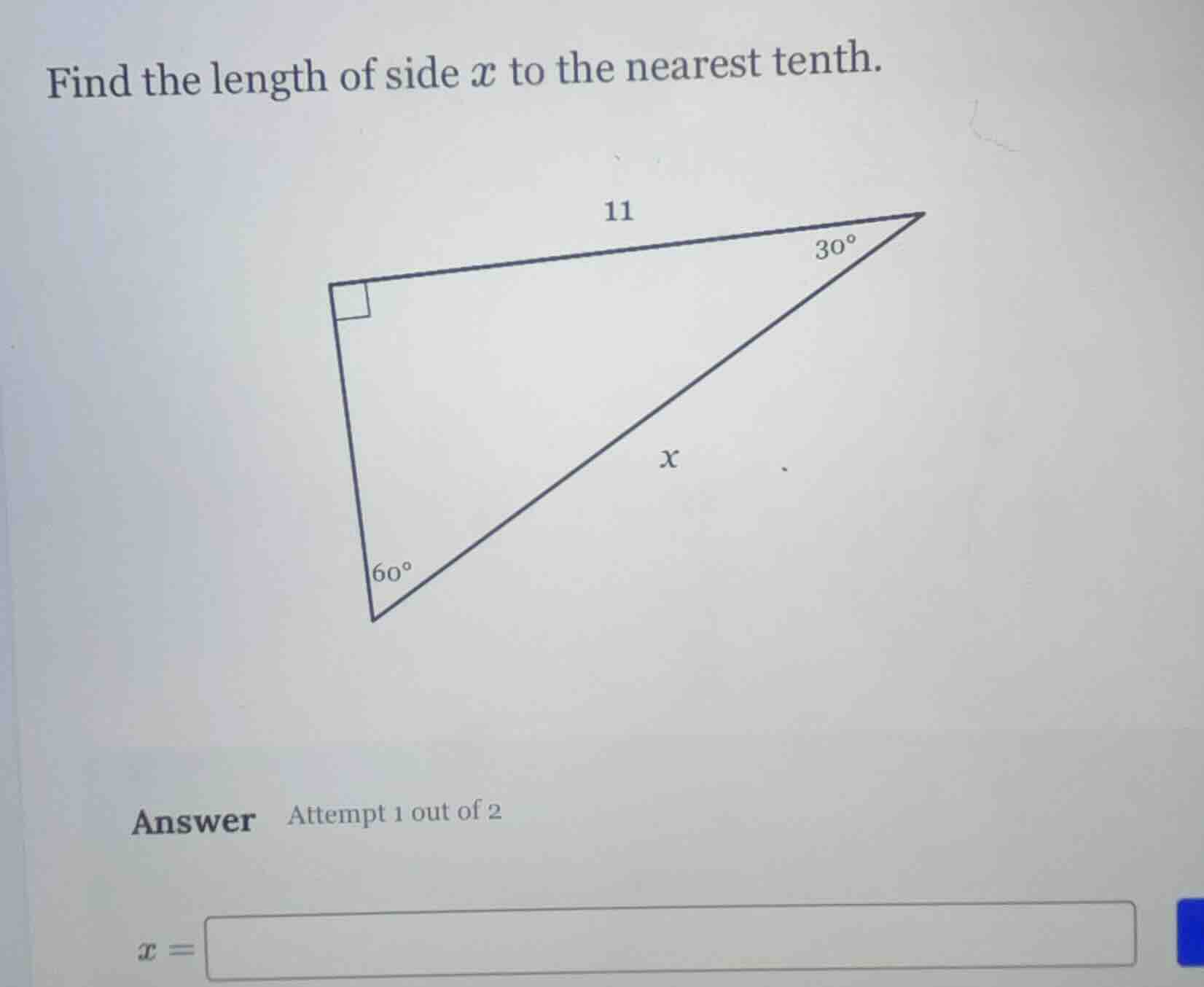 find the length of side $x$ to the nearest tenth. (there is a right tri…