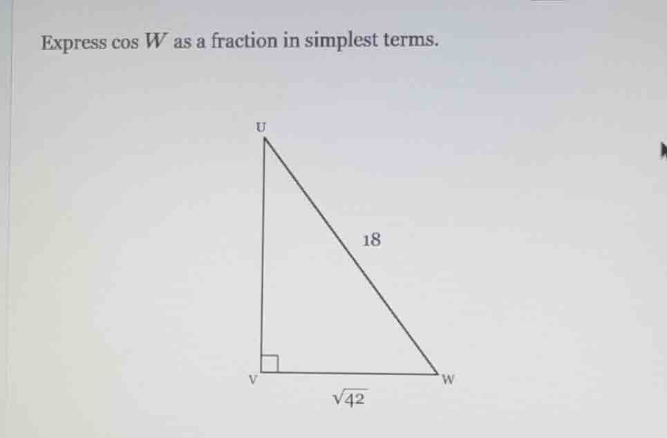 express \\(\\cos w\\) as a fraction in simplest terms. triangle image w…