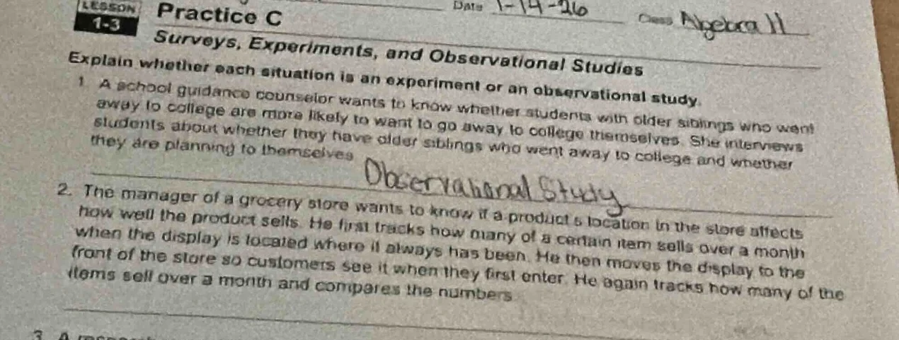 lesson 1-3 practice c surveys, experiments, and observational studies d…
