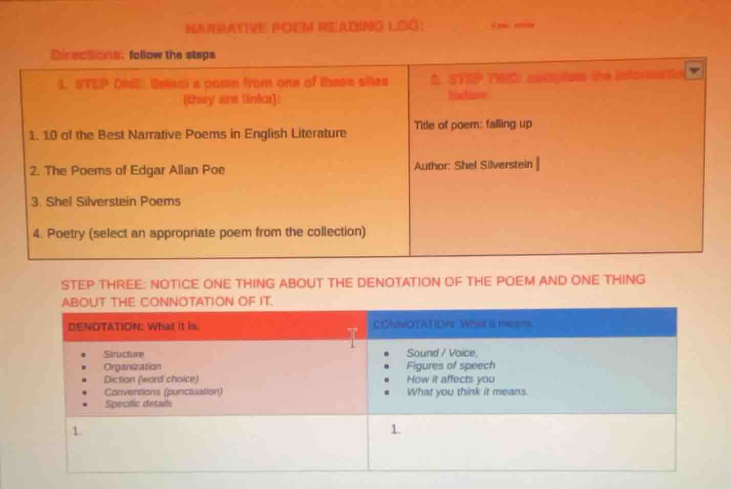 narrative poem reading log: directions: follow the steps 1. step one: s…
