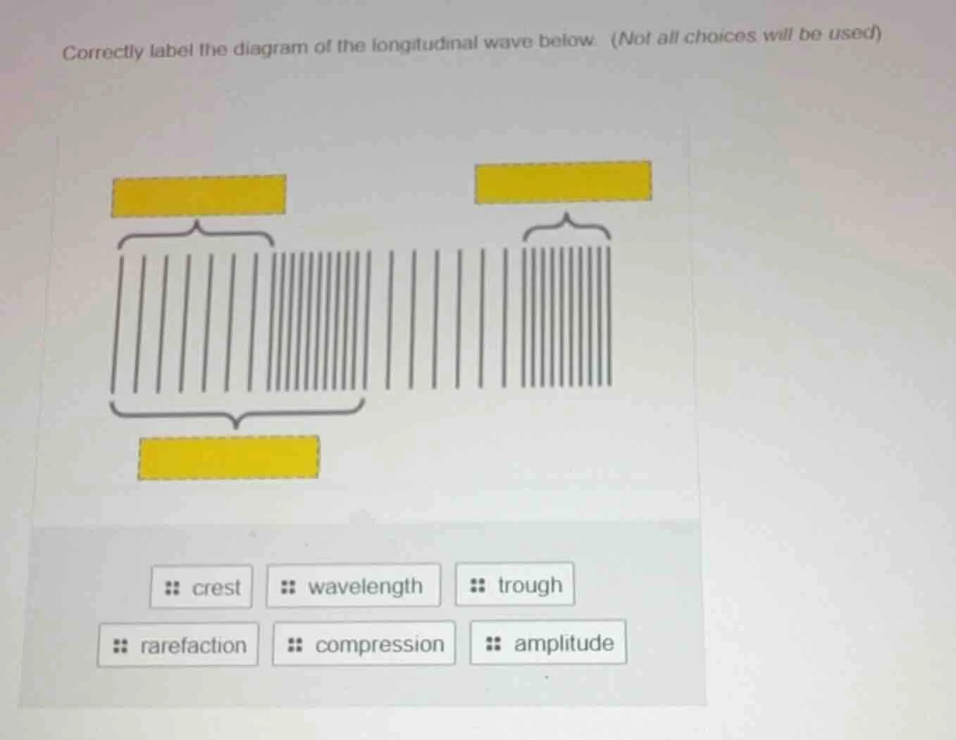 correctly label the diagram of the longitudinal wave below. (not all ch…