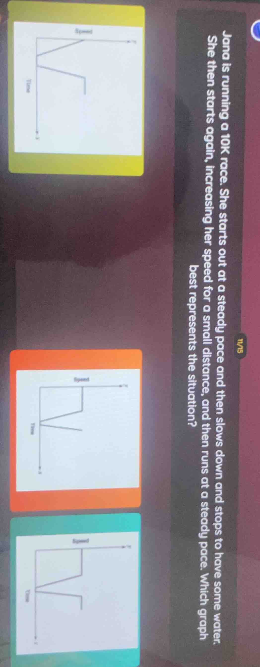 jana is running a 10k race. she starts out at a steady pace and then sl…