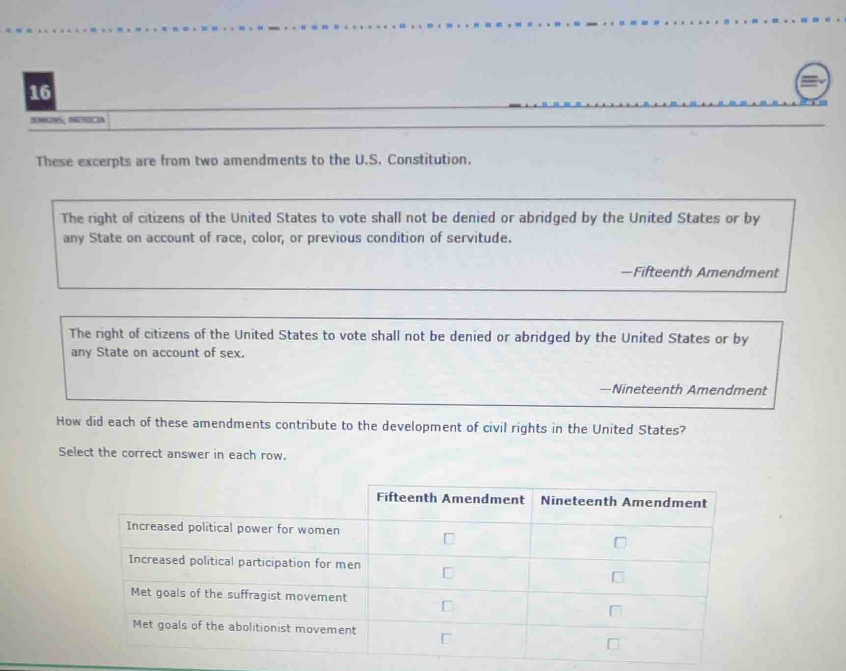 16 these excerpts are from two amendments to the u.s. constitution. the…
