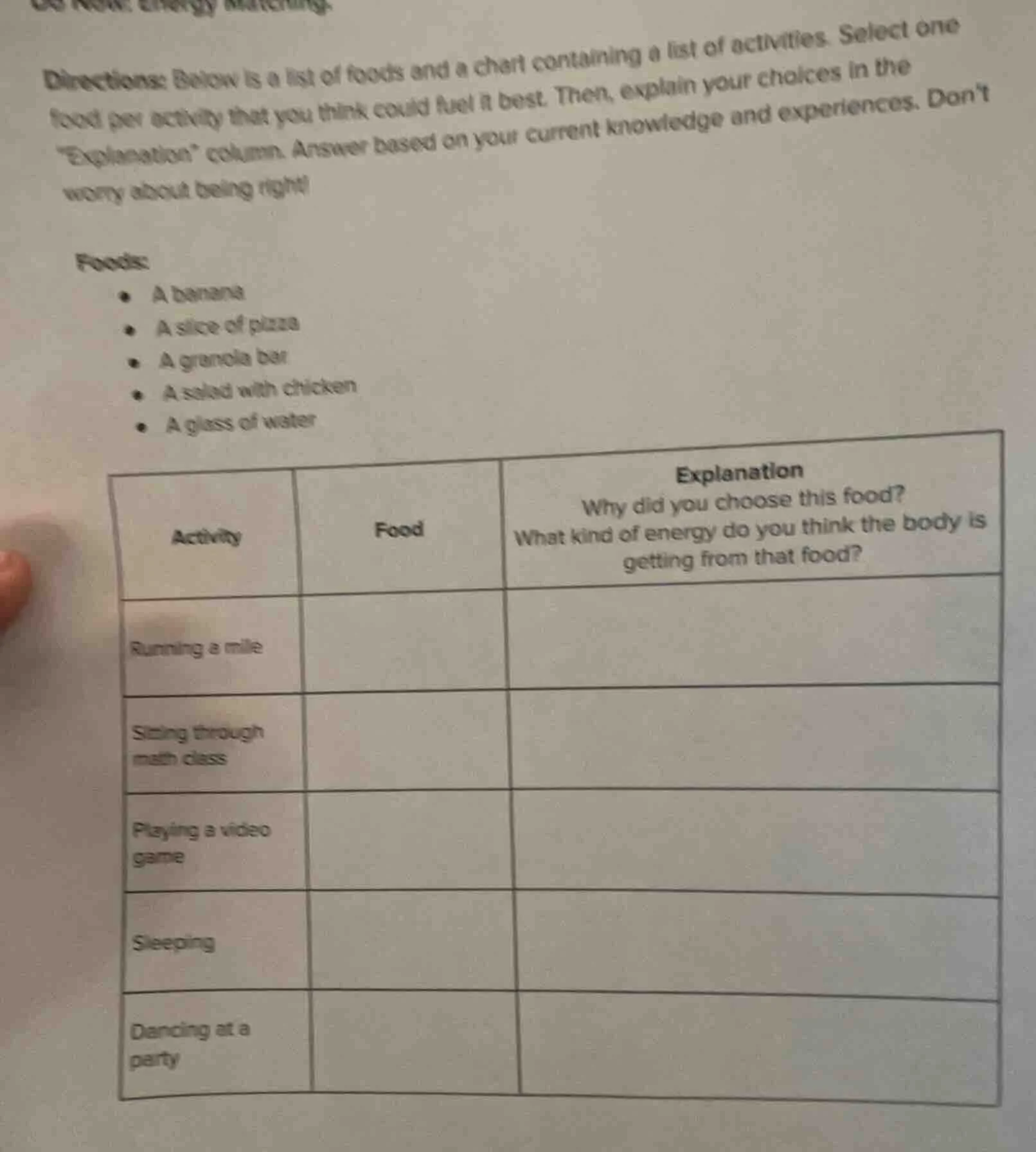 do now: energy matching. directions: below is a list of foods and a cha…