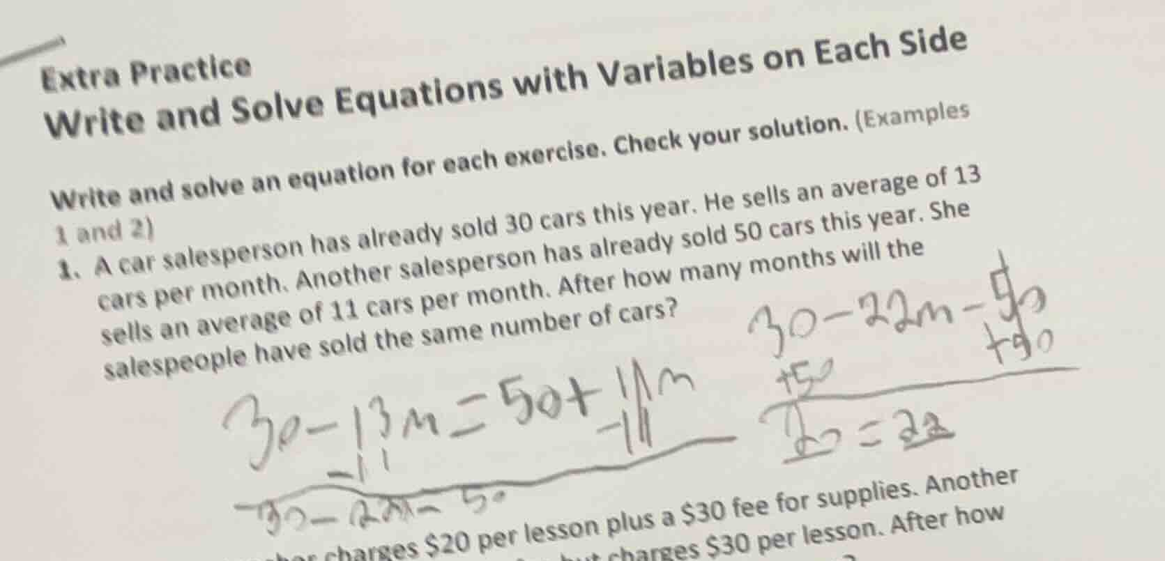 extra practice write and solve equations with variables on each side wr…