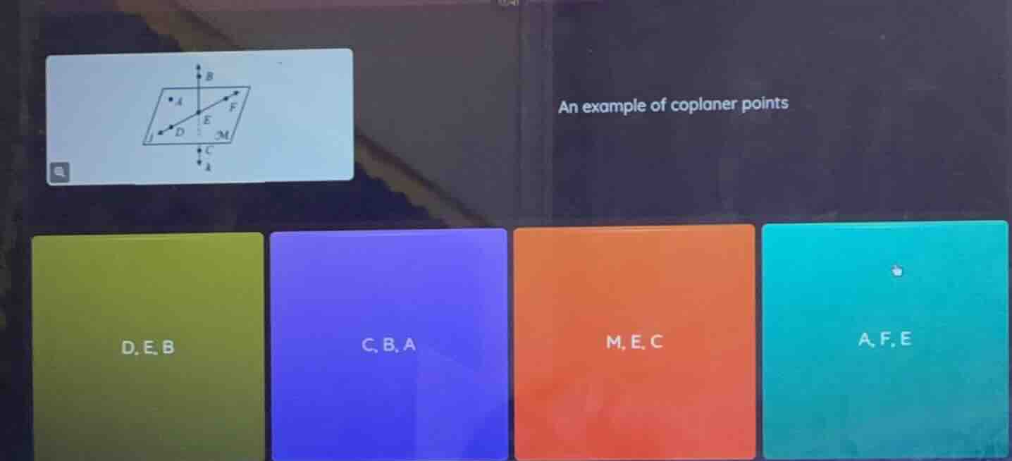 an example of coplaner points; d,e,b; c,b,a; m,e,c; a,f,e