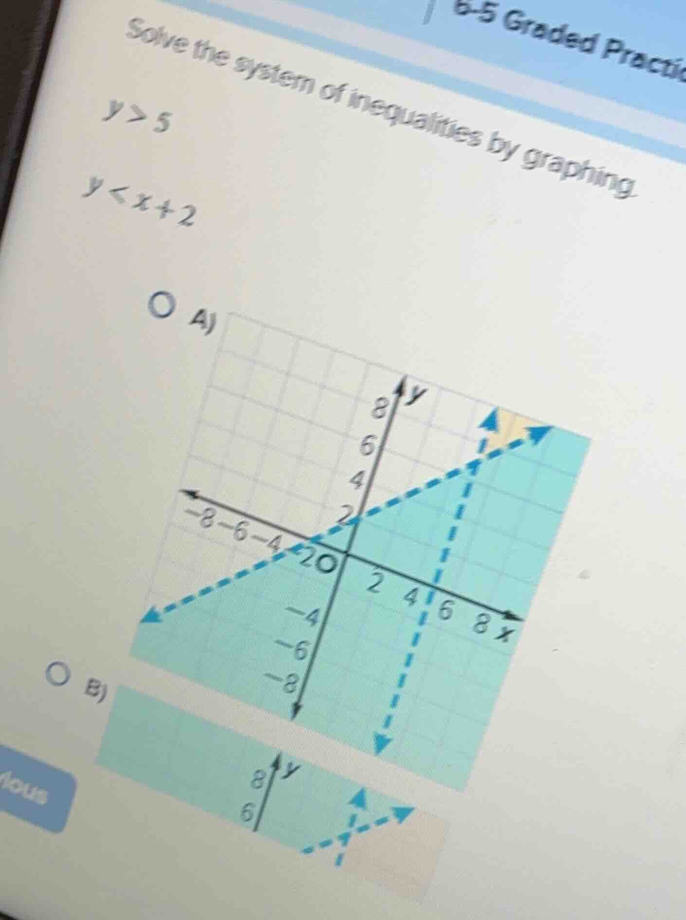 solve the system of inequalities by graphing. $y > 5$ $y < x + 2$ a) gr…