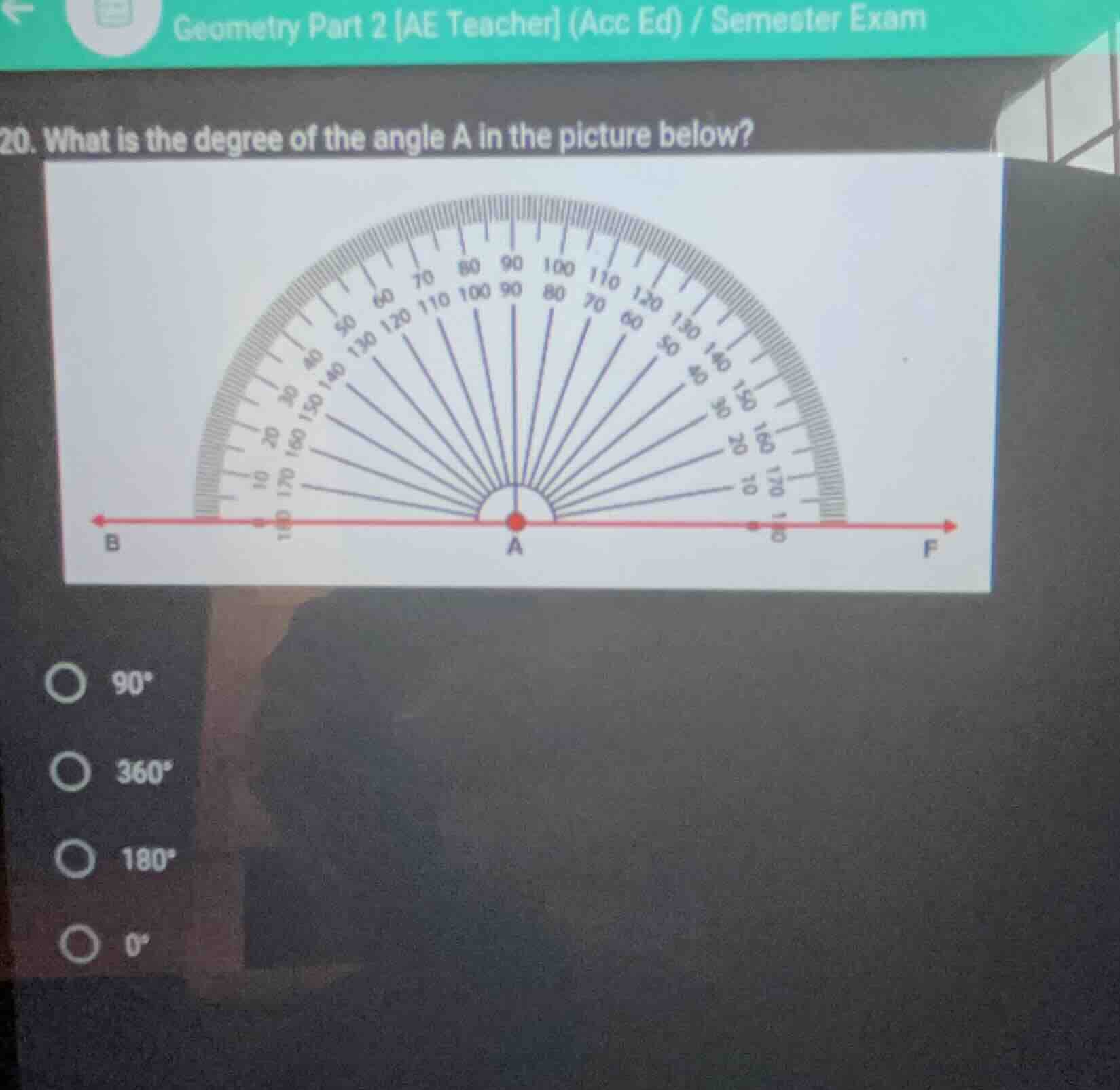 20. what is the degree of the angle a in the picture below? (picture of…
