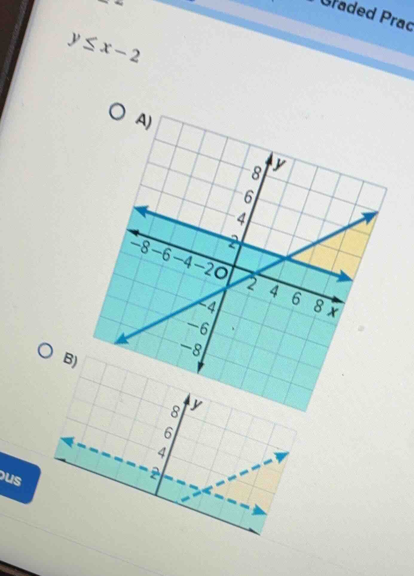 y ≤ x - 2 o a) graph a o b) graph b