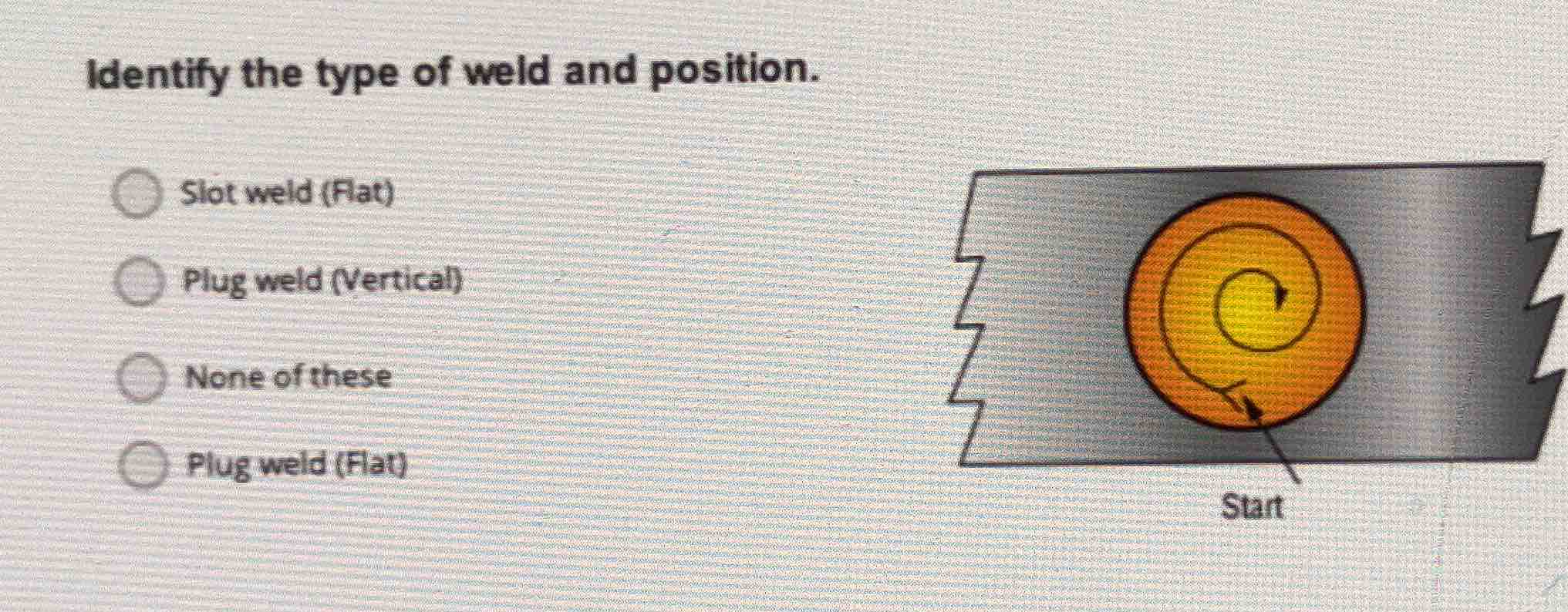 identify the type of weld and position. ○ slot weld (flat) ○ plug weld …