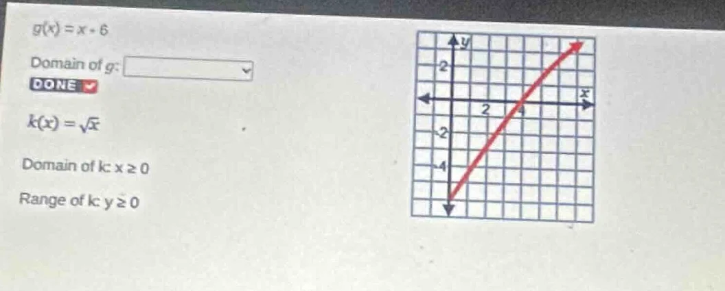 g(x) = x - 6 domain of g: done k(x) = \\sqrt{x} domain of k: x \\geq 0 …