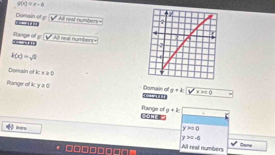 g(x) = x - 6 domain of g: all real numbers range of g: all real numbers…
