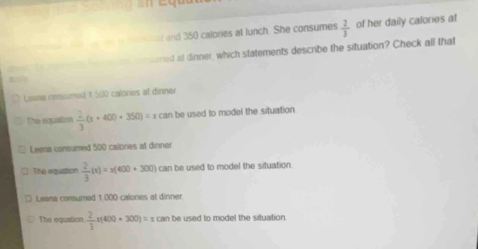and 350 calories at lunch. she consumes \\(\\frac{2}{3}\\) of her daily…