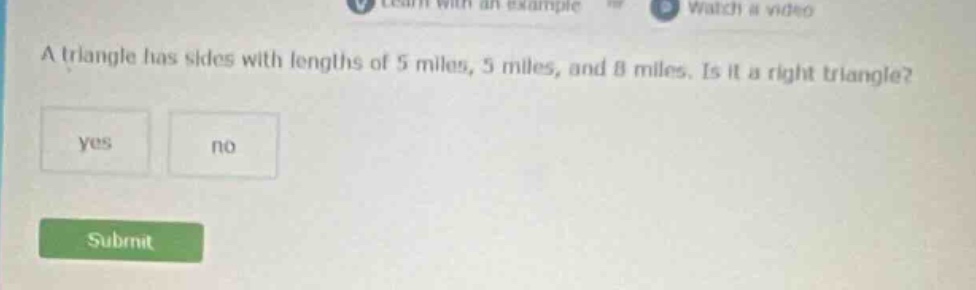 a triangle has sides with lengths of 5 miles, 5 miles, and 8 miles. is …