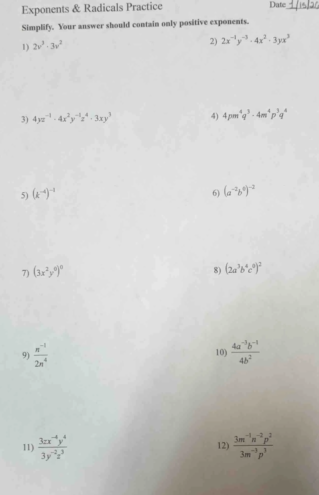 exponents & radicals practice date 1/15/20 simplify. your answer should…