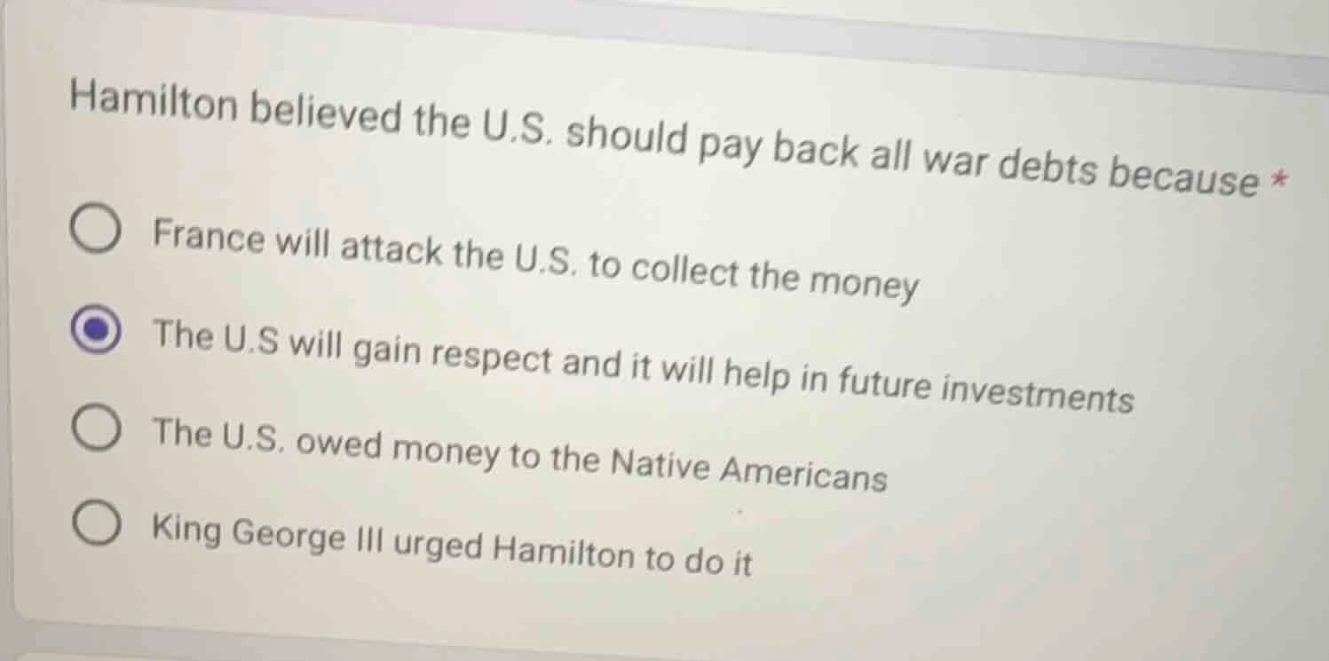 hamilton believed the u.s. should pay back all war debts because * ○ fr…
