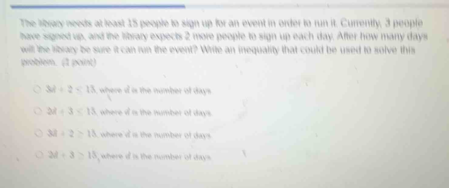 the library needs at least 15 people to sign up for an event in order t…