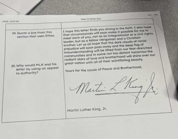 24. quote a line from this section that uses ethos. 25. why would mlk e…