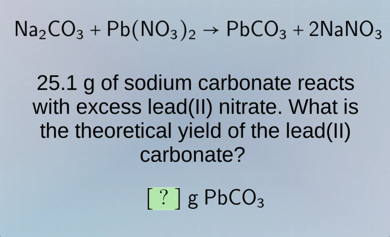 na₂co₃ + pb(no₃)₂ → pbco₃ + 2nano₃ 25.1 g of sodium carbonate reacts wi…