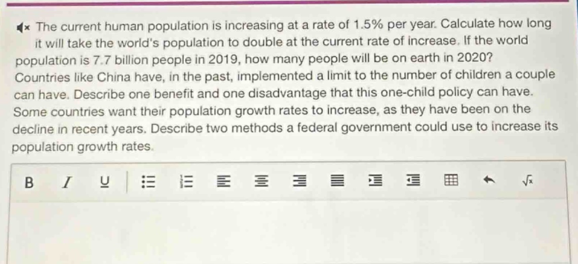 the current human population is increasing at a rate of 1.5% per year. …