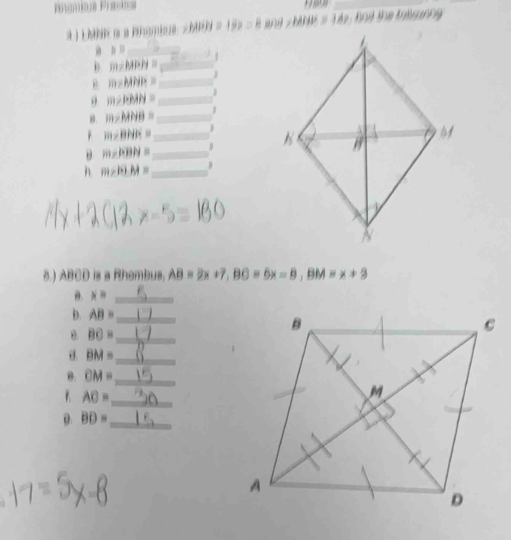4) lmnr is a rhombus, ∠mrn = 19x - 5 and ∠nmr = 14x. find the following…
