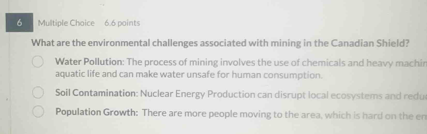 6 multiple choice 6.6 points what are the environmental challenges asso…
