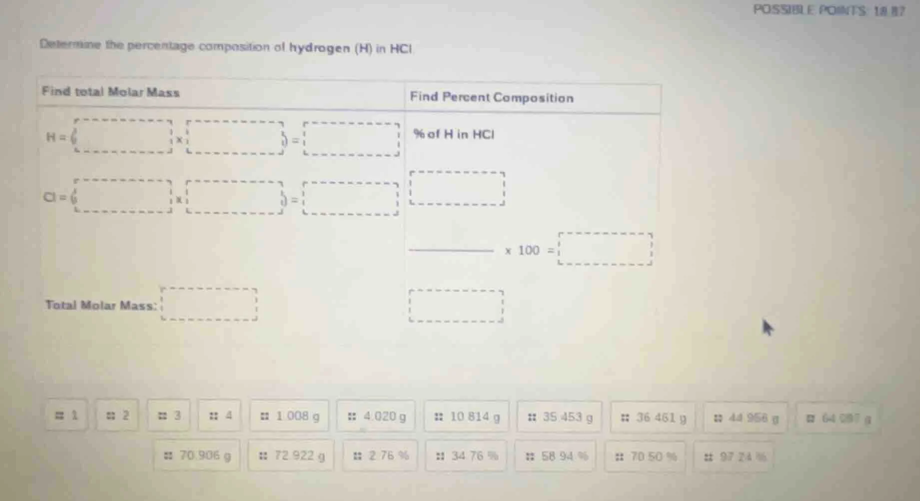 determine the percentage composition of hydrogen (h) in hcl find total …