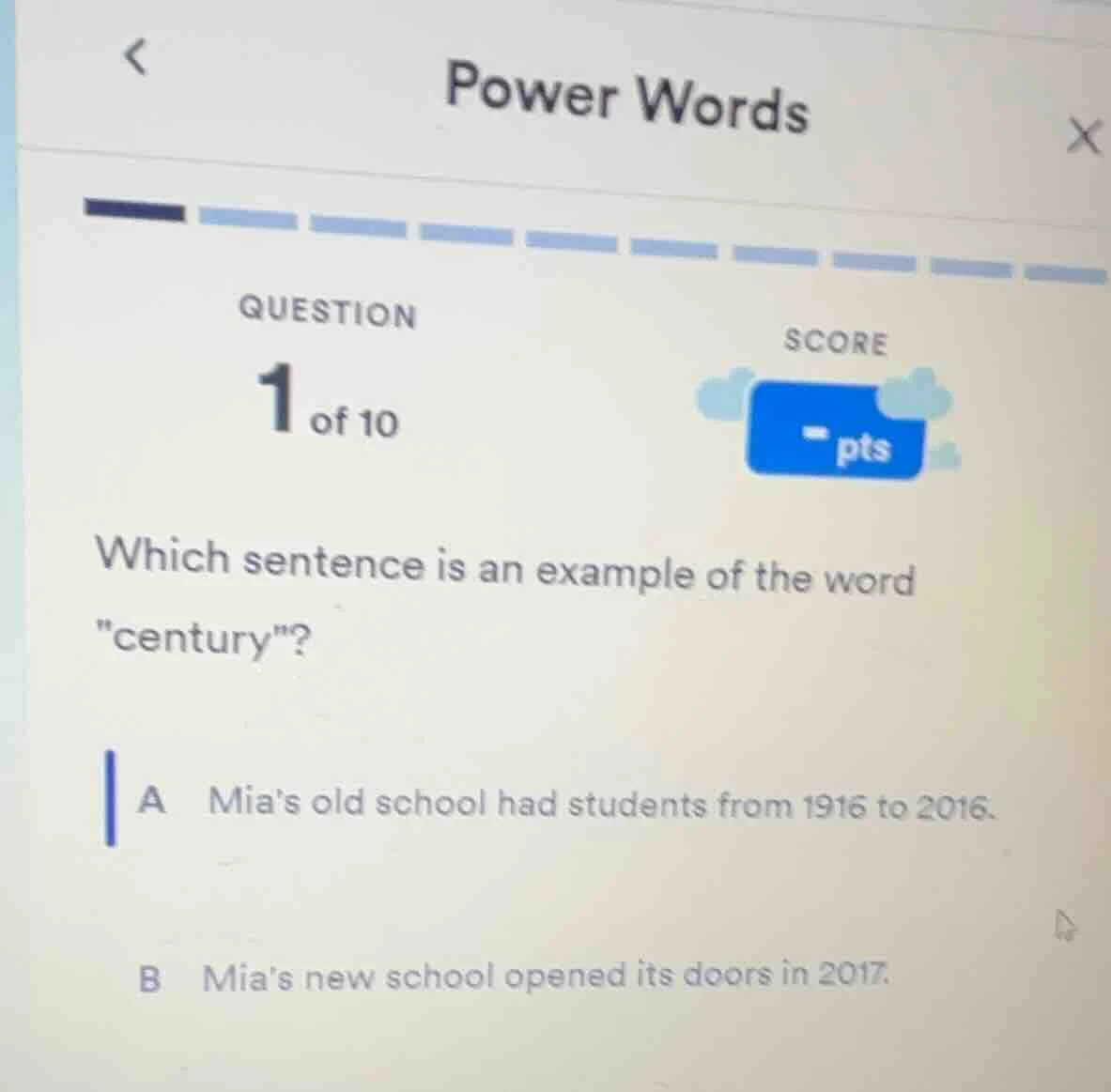 power words question 1 of 10 score - pts which sentence is an example o…