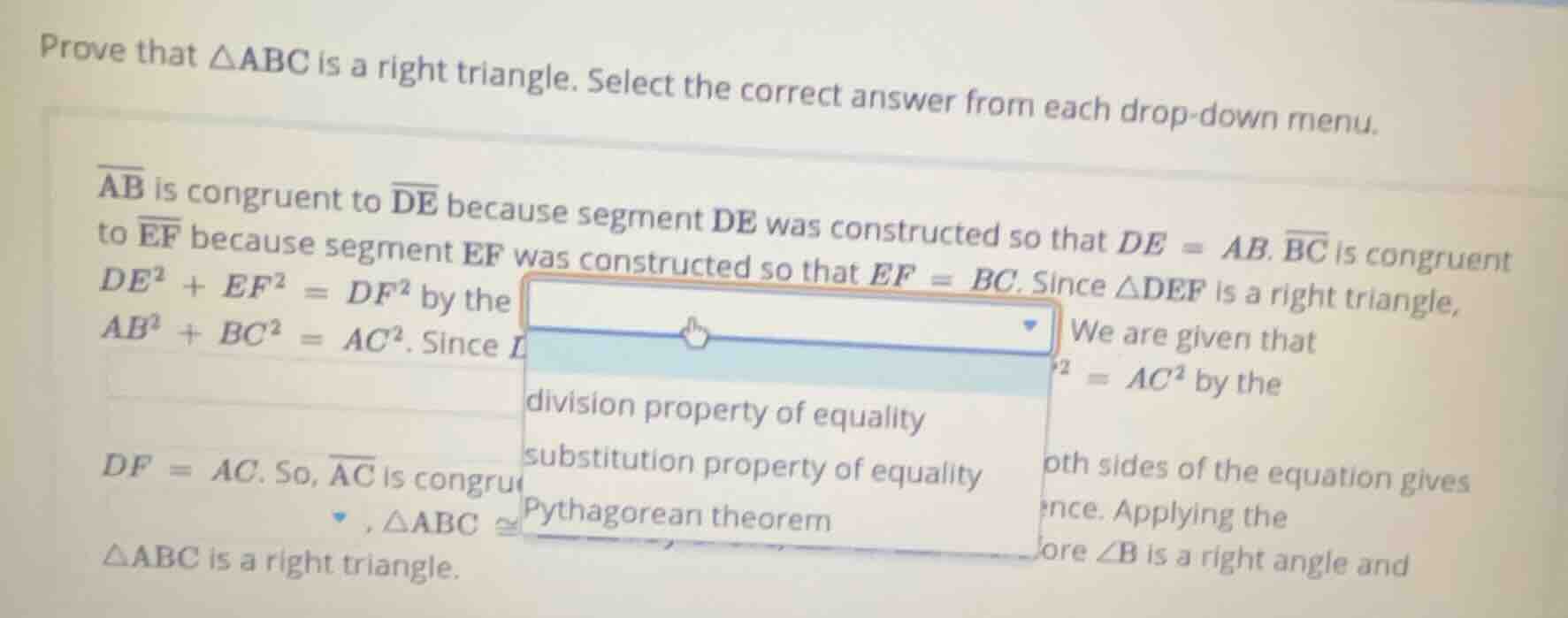 prove that $\\triangle abc$ is a right triangle. select the correct ans…