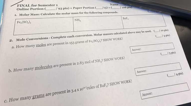 final for semester 1 name online portion (____ / 93 pts) + paper portio…