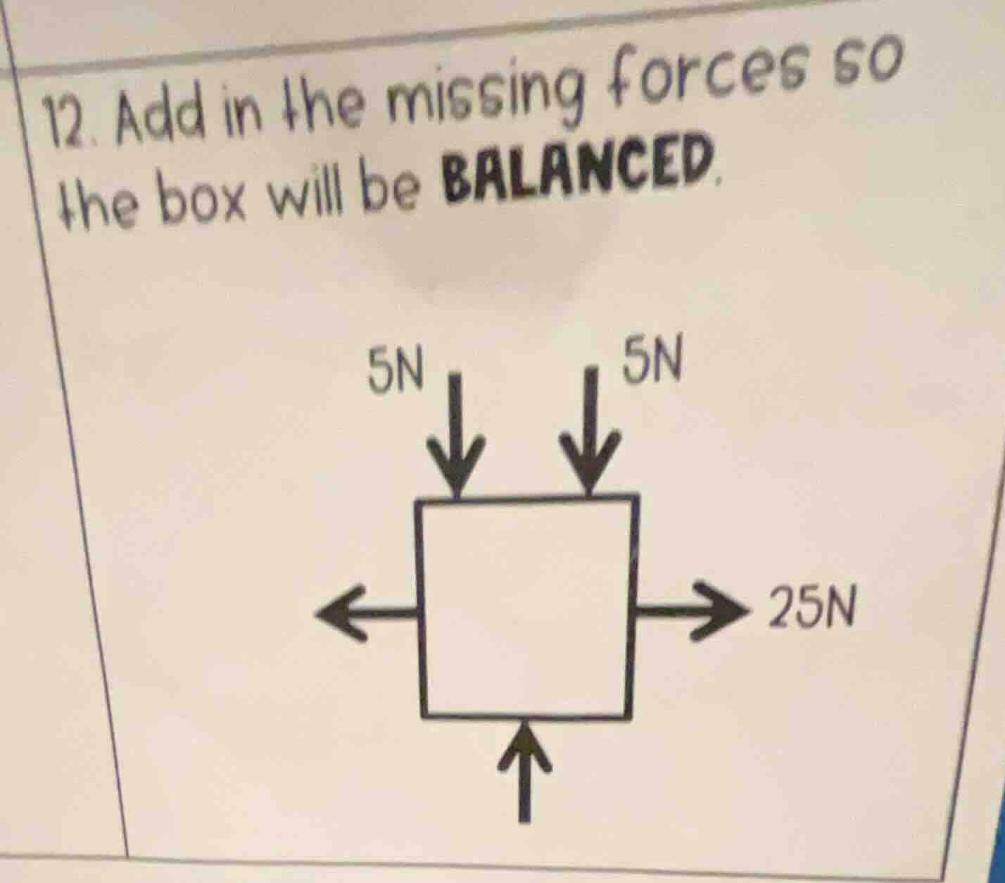 12. add in the missing forces so the box will be balanced. 5n 5n 25n