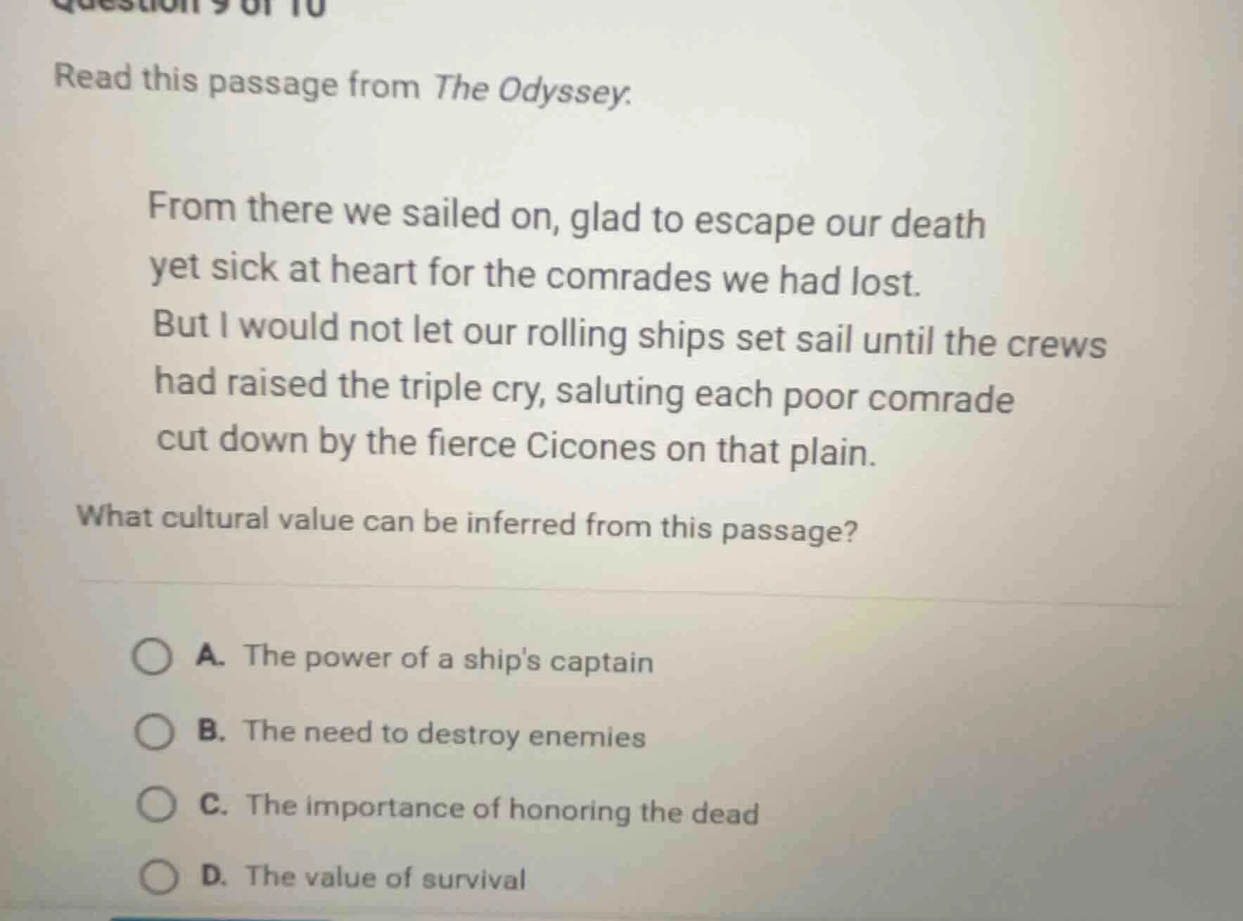 question 9 of 10 read this passage from the odyssey. from there we sail…