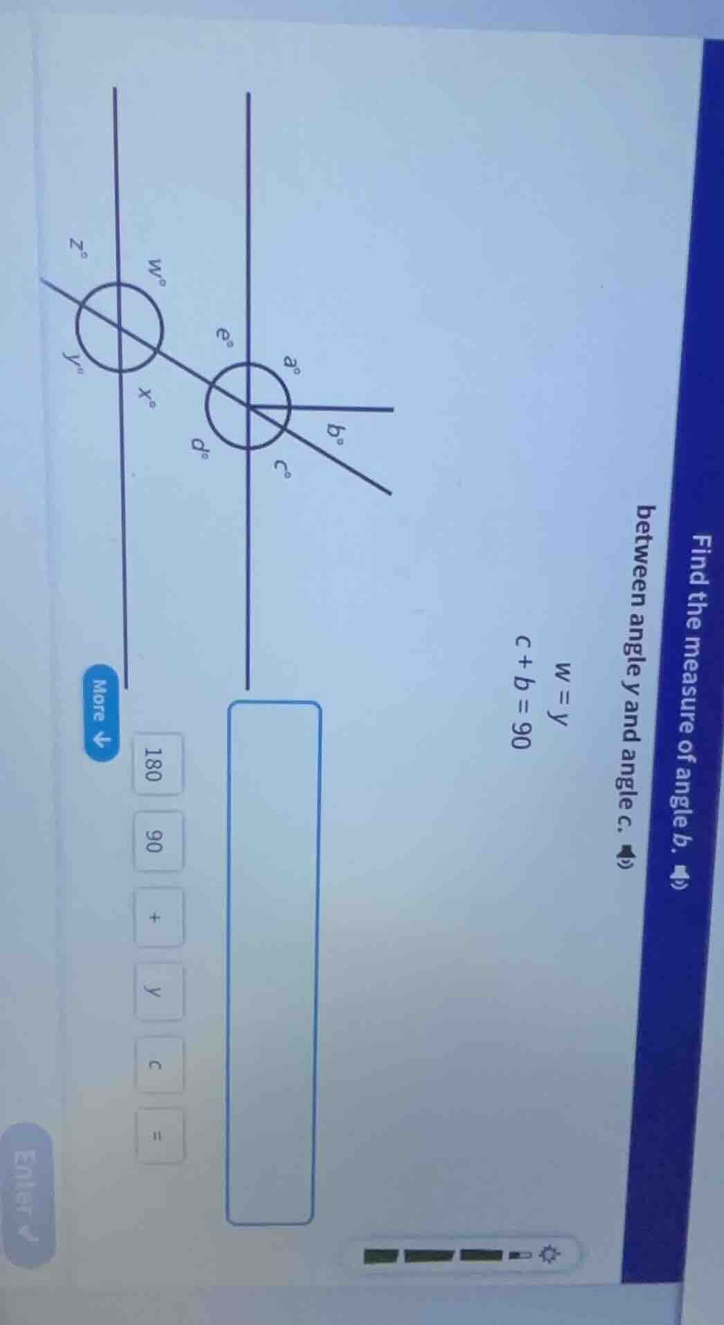 find the measure of angle b. between angle y and angle c. w = y c + b =…